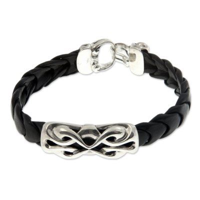 Artisan Crafted Braided Black Leather Sterling Silver Pendant Bracelet