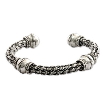 Handmade Balinese Woven Chunky Sterling Silver Cuff Bracelet