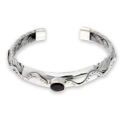 Sterling Silver and Garnet Cuff Bracelet with Snake Motif
