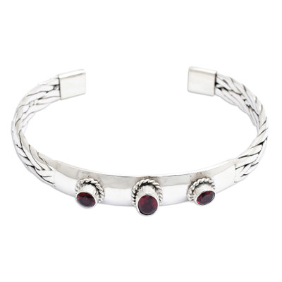 Braided Sterling Silver Cuff Bracelet with Three Garnets