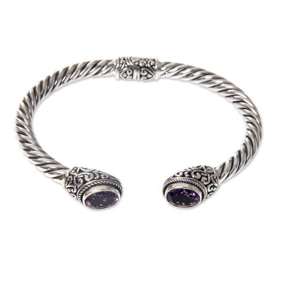 Unique Amethyst Balinese Sterling Silver Twist Hinged Cuff Bracelet