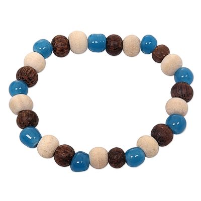 Artisan Crafted Stretch Bracelet with Wood and Ceramic Beads