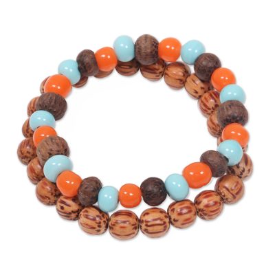Artisan Crafted Ceramic and Wood Bead Bracelets (Pair)