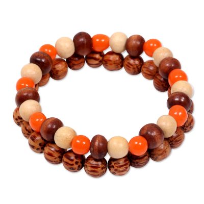 Brown Orange Wood and Ceramic Beaded Pair of Stretch Bracelets
