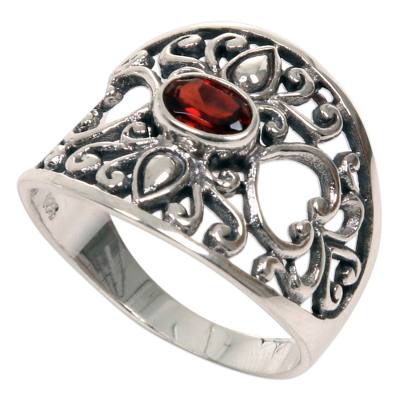 Fair Trade 925 Silver Jewelry Heart Band Ring with Garnet