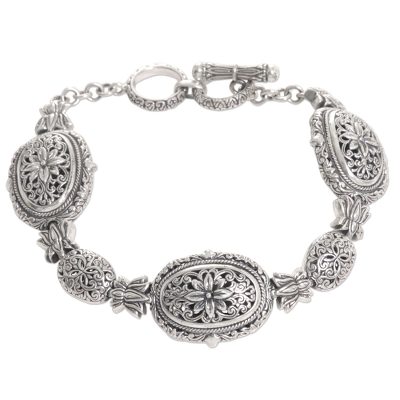 Sterling Silver Link Bracelet with Floral Motif