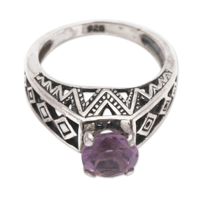 925 Silver Solitaire Ring Artisan Crafted with Amethyst