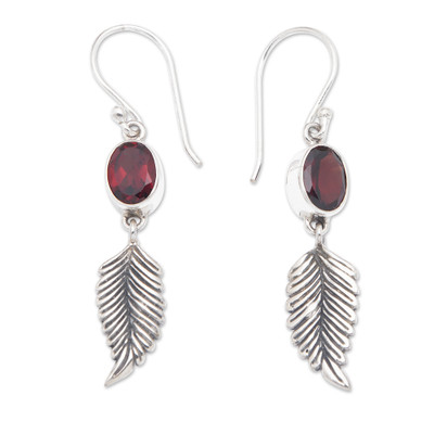 Balinese 925 Sterling Silver Feather Earrings with Garnet