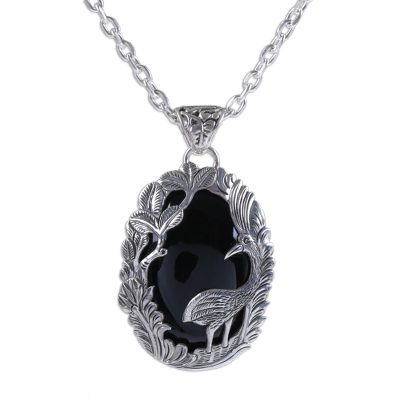 Onyx and Sterling Silver Heron Pendant Necklace from Bali