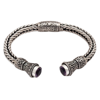 Amethyst Naga Motif Sterling Silver Cuff Bracelet from Bali