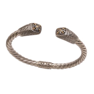 Handcrafted 18K Gold Accent 925 Sterling Silver Hinged Cuff Bracelet