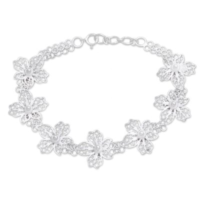 Sterling Silver Filigree Orchid Flower Link Bracelet