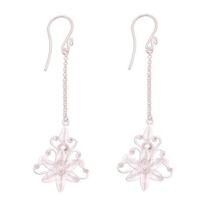 Floral Sterling Silver Filigree Dangle Earrings from Java