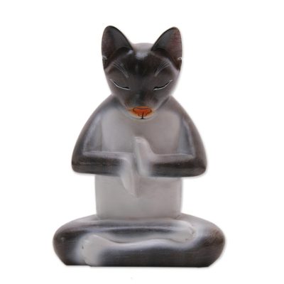 Suar Wood Lotus Pose Yoga Cat Sculpture in Grey from Bali
