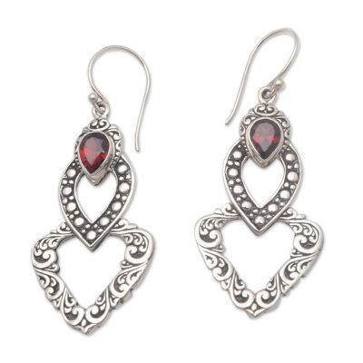 Heart-Shaped Faceted Garnet Dangle Earrings from Bali