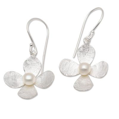 Floral Earrings of Brushed Silver and White Cultured Pearl