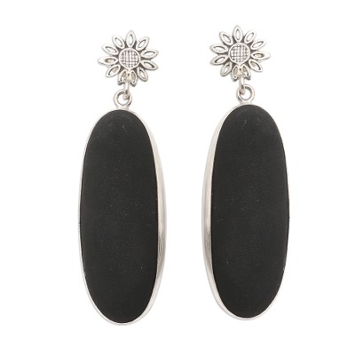 Sterling Silver and Black Lava Stone Oval Dangle Earrings