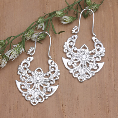 Sterling Silver Hoop Earrings with Openwork Balinese Motifs