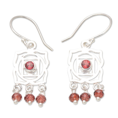 Chakra Themed Sterling Silver and Garnet Dangle Earrings
