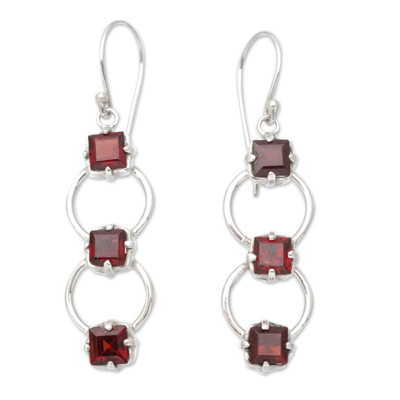 Modern Sterling Silver Dangle Earrings with Natural Garnet