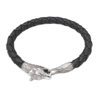Wolf-Themed Leather and Sterling Silver Pendant Bracelet