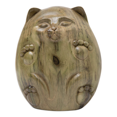 Whimsical Cat-Themed Hibiscus Wood Sculpture from Bali