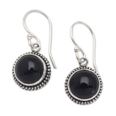 Dangle Earrings with Onyx Cabochons and Braided Motifs