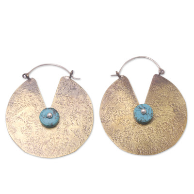 Textured Brass Hoop Earrings with Recon Turquoise Stones