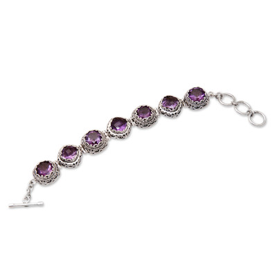 Sterling Silver Link Bracelet with 22-Carat Amethyst Gems