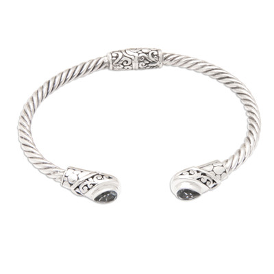 Balinese Sterling Silver Cuff Bracelet with Blue Topaz Gems