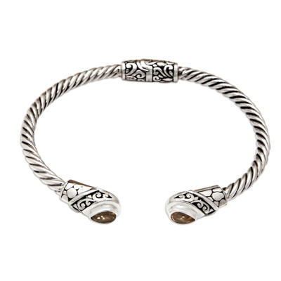 Balinese Sterling Silver Cuff Bracelet with Citrine Gems
