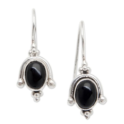 Classic Sterling Silver Drop Earrings with Onyx Cabochons