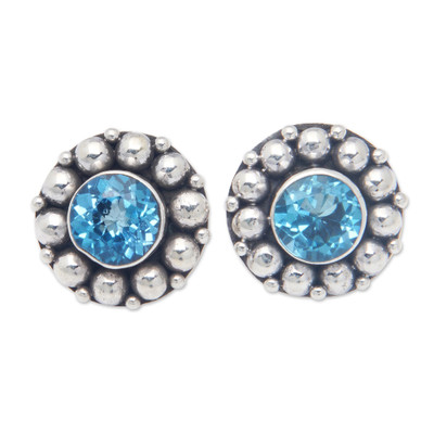 Blue Topaz Button Earrings with Sterling Silver Beads