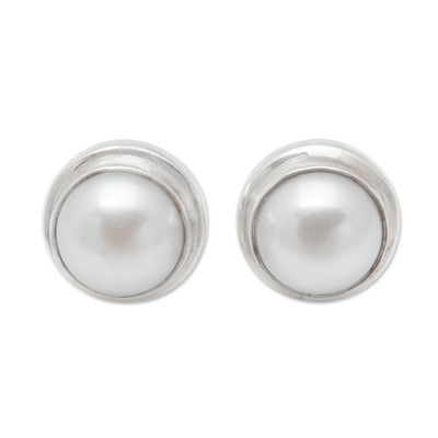 Polished Round Sterling Silver Stud Earrings with Pearls