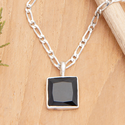 Modern Sterling Silver Necklace with Square Onyx Pendant
