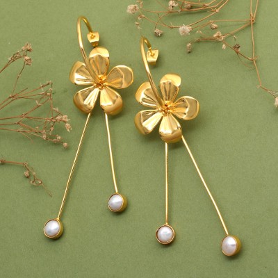 18k Gold-Plated Frangipani-Themed Pearl Drop Earrings