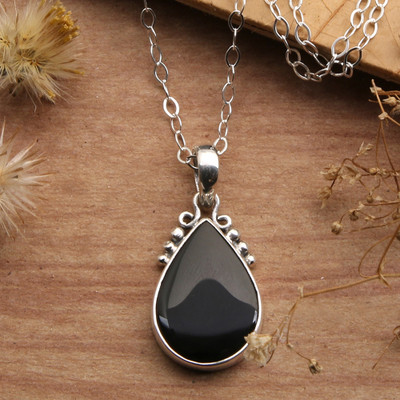 Sterling Silver Onyx Pendant Necklace with Dot Accents