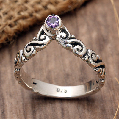 Faceted Amethyst Single Stone Ring with Balinese Motifs