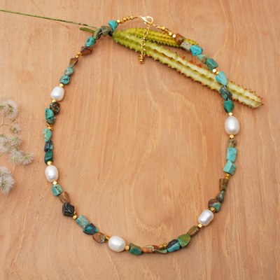 Cultured Pearl Reconstituted Turquoise Gold Accent Necklace