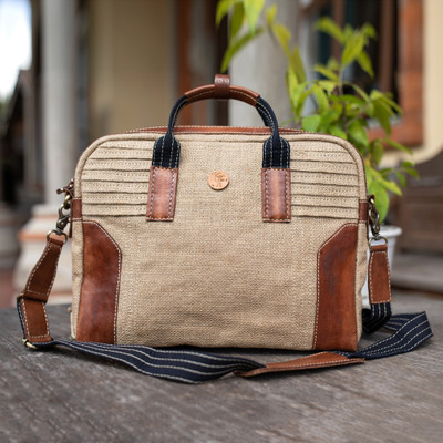 Adjustable Leather-Accented Natural Fiber Shoulder Hand Bag