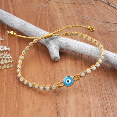 Turkish Eye Gold-Accented Aquamarine Resin Macrame Bracelet