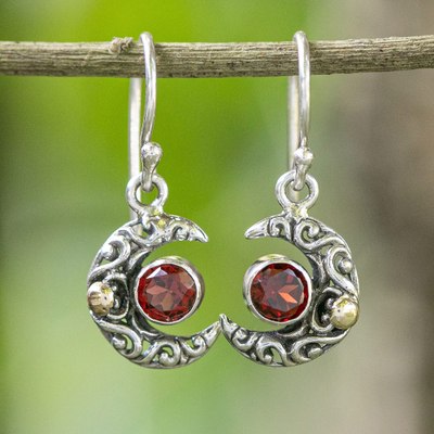Moon-Themed Natural Garnet Dangle Earrings with Gold Accents
