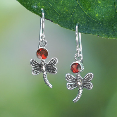 Dragonfly-Themed Gold-Accented Garnet Silver Dangle Earrings