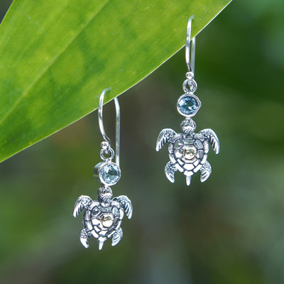 18k Gold-Accented Blue Topaz Sea Turtle Dangle Earrings
