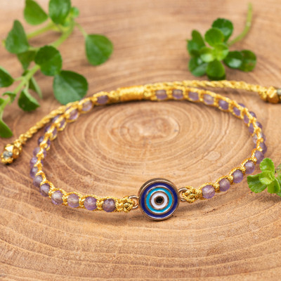 Evil Eye Gold-Accented Amethyst Resin Macrame Bracelet