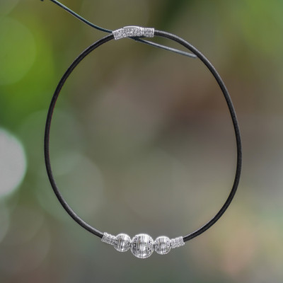 Leather Choker Necklace with Sterling Silver Ball Pendant