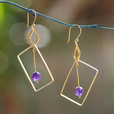 Geometric-Themed 18k Gold-Plated Amethyst Dangle Earrings