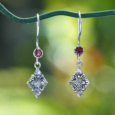 Floral Silver Dangle Earrings with Faceted Garnet Gemstones