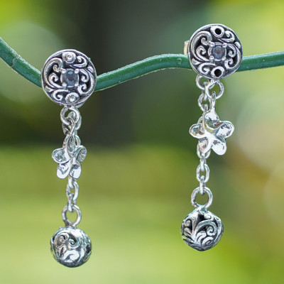 Blue Topaz Silver Dangle Earrings with Floral Vine Motifs