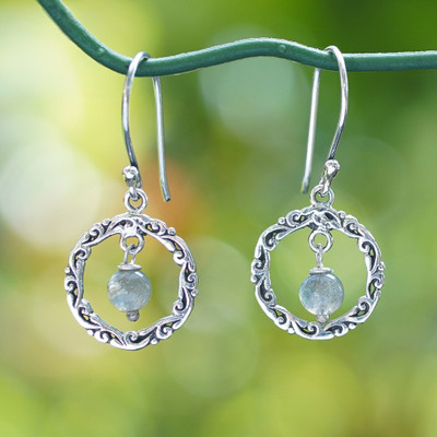 Labradorite Silver Dangle Earrings with Vine-Adorned Hoops